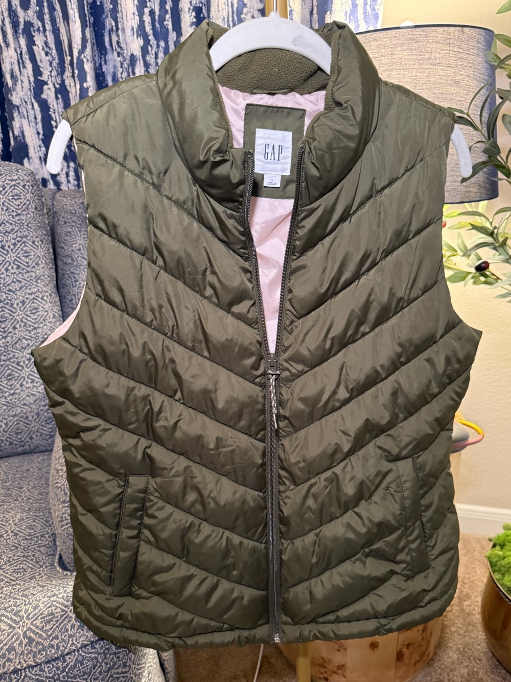 GAP Olive Quilted Sleeveless Puffer Vest with Pink Lining